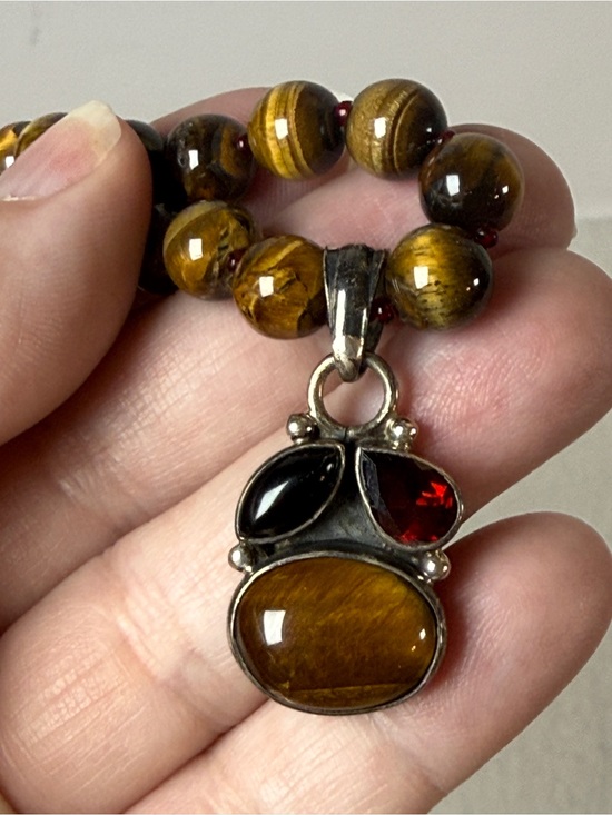 Handmade Jewelry - Tiger Eye & Garnet Bead Necklace with Matching Earrings - Brown Handmade Jewelry